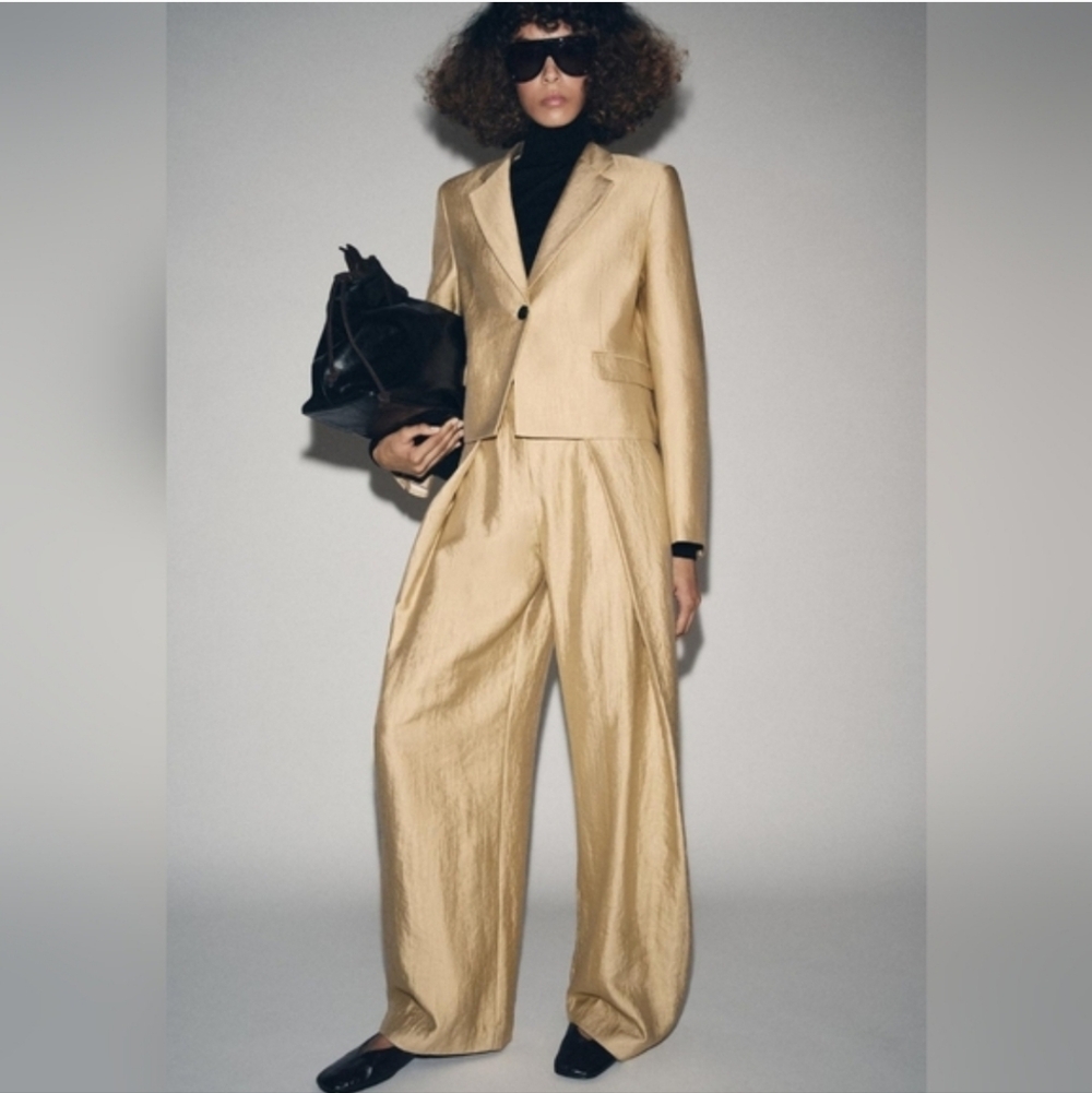 ZARA SET 2 pc METALLIC BLAZER JACKET AND WIDE PANTS GOLD SIZE S/M - Picture 4 of 13